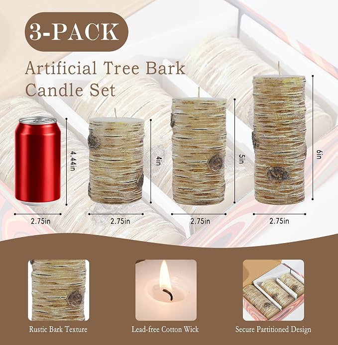 Birch Bark Pillar Candle Set of 3, Real Wax Fireplace Decor Candles | Assorted - Image 3