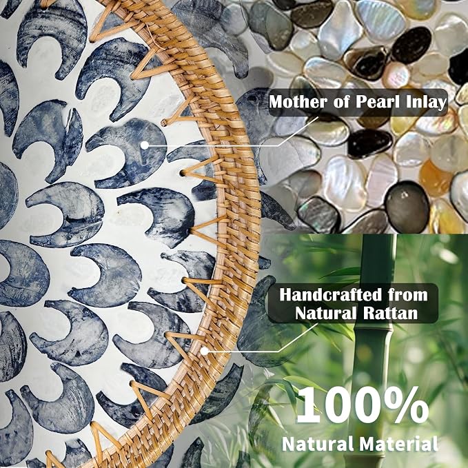 Round Rattan Tray with Mother of Pearl Inlay, Decorative Basket with Wooden Base - Image 3