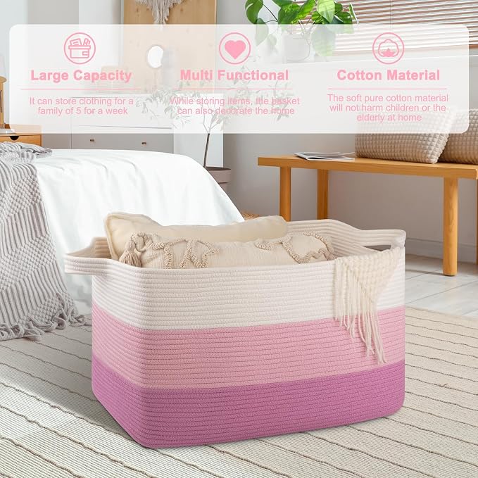 OIAHOMY Extra Large Blanket Basket, 95L Cotton Rope Woven Laundry Basket - Image 5