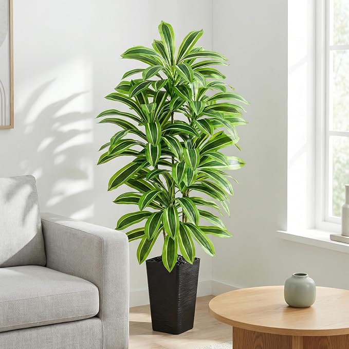 Artificial Dracaena Tree: 5FT Fake Plants Silk Faux Trees（Black Pot） | - Image 9