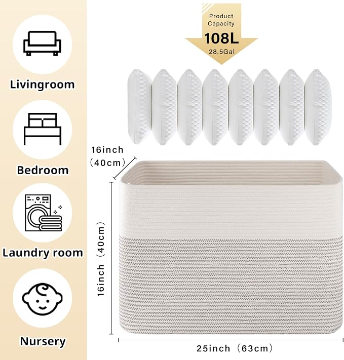 OIAHOMY 108L Extra Large Blanket Basket Dog Toy Basket Black/White | Rectangle - Image 3