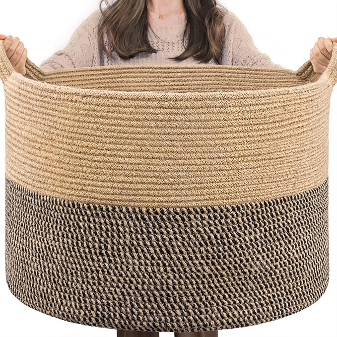 INDRESSME XXXLarge Woven Wicker Blanket Basket Living Room Black Jute, 90L | by INDRESSME