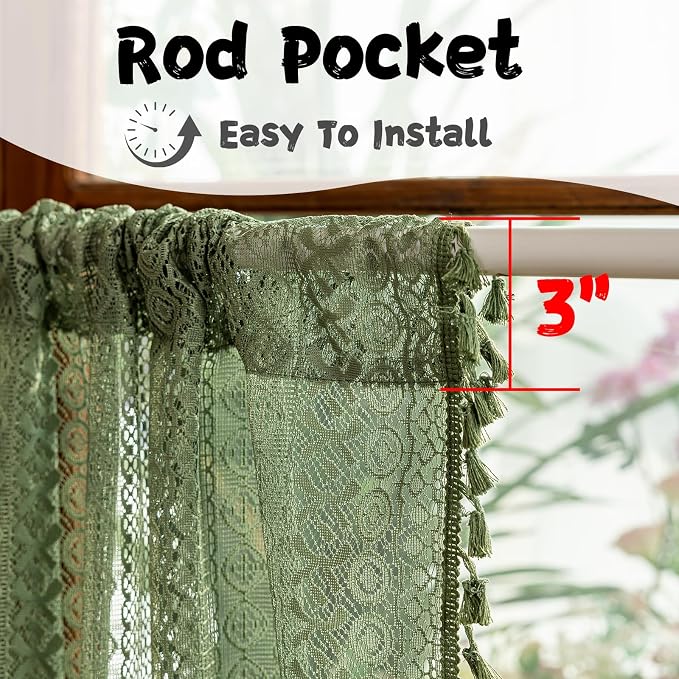 Sutuo Home Olive Green Boho Lace Curtains 2 Panels 45 Inch Long, Semi Sheer - Image 4