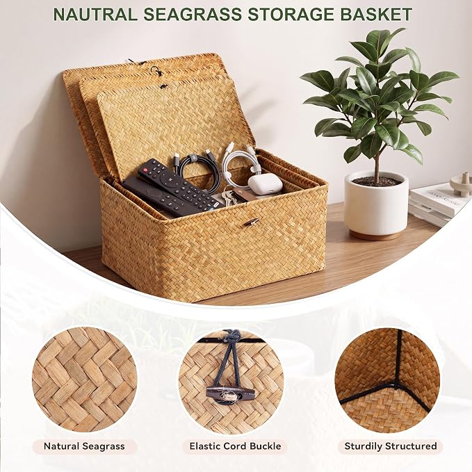 Nonam Large Wicker Basket with Lid, Seagrass Shelf Basket Set of 3, Nautral | - Image 5