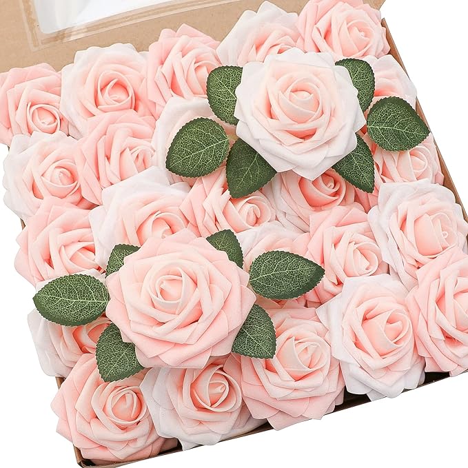 Artificial Flowers 50pcs Real Looking Blush Shades Foam Fake Roses by Floroom