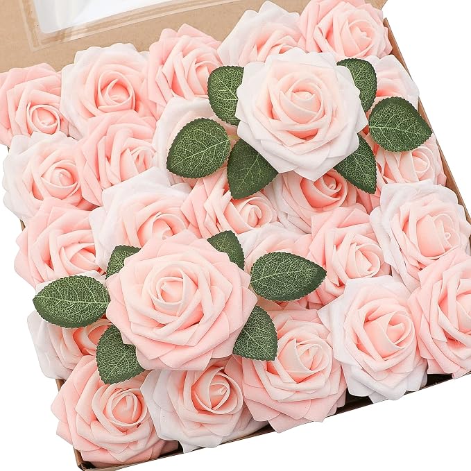 Artificial Flowers 25pcs Real Looking Blush Shades Foam Fake Roses by Floroom