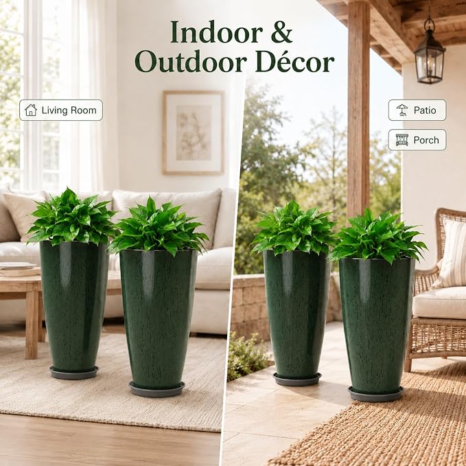Neoaider Set of 2 Tall Planter, 21 inch Large Plastic Planter, Dark Green | - Image 9