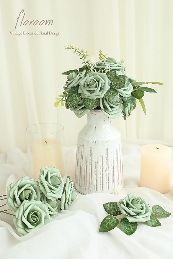Artificial Flowers 50pcs Real Looking Elf Green Foam Fake Roses - Image 2