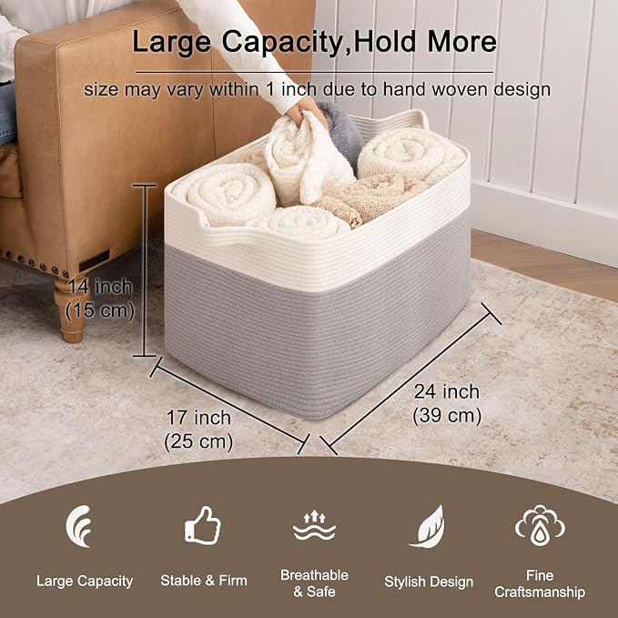 OIAHOMY Extra Large Blanket Basket, 95L Cotton Rope Woven Laundry Basket - Image 3