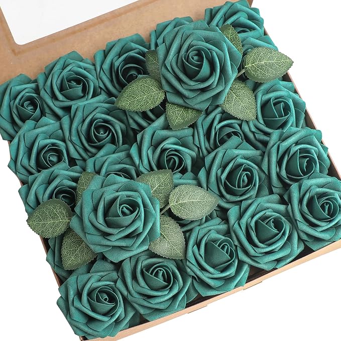 Artificial Flowers 25pcs Real Looking Dark Teal Foam Fake Roses by Floroom