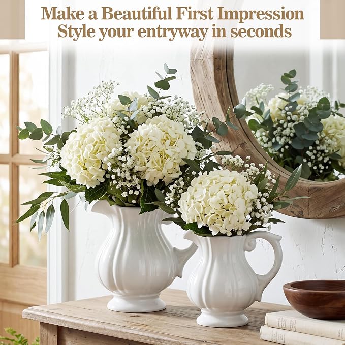 2 Pack White Ceramic Pitcher Vase Set Small Rustic, 7.1in | Decorative Flower - Image 4