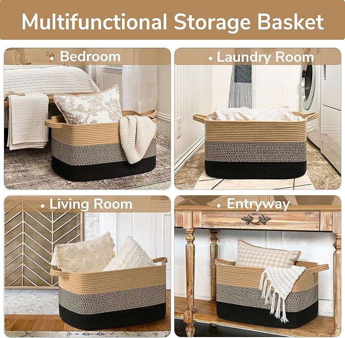 Goodpick Large Woven Blanket Basket, 75L | 21.6'' x 14.9'' x 11.8'' Wicker - Image 4