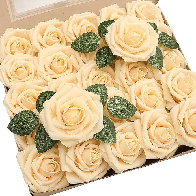 Artificial Flowers 25pcs Real Looking Creamy Yellow Foam Fake Roses by Floroom