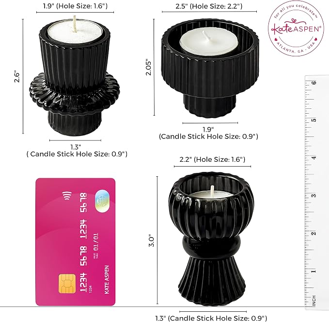 Kate Aspen Vintage Ribbed Glass Black Candlestick Holders, Pillar Candle - Image 6