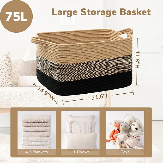 Goodpick Large Woven Blanket Basket, 75L | 21.6'' x 14.9'' x 11.8'' Wicker - Image 3