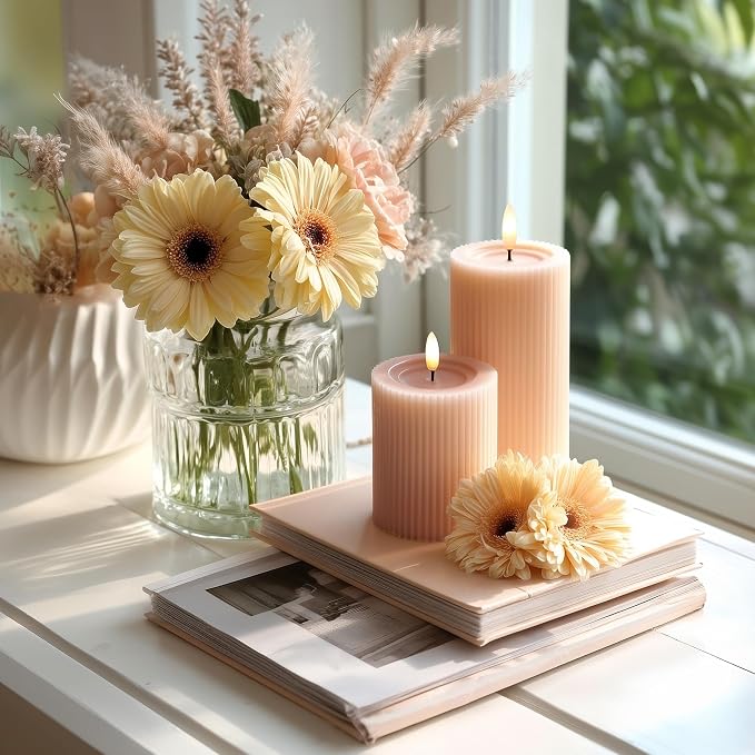 Fluted Ribbed LED Pillar Candles, Blush Beige, - Image 3