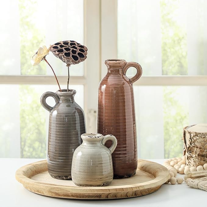 Ceramic Vases Set of 3, Neutral Rustic Farmhouse Vase - Image 5