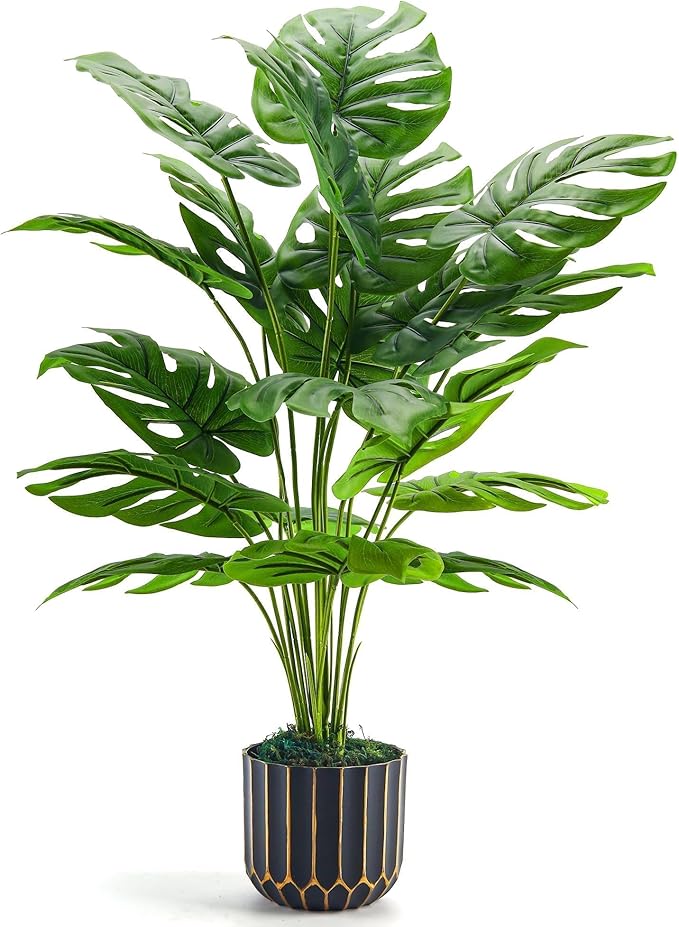 Der Rose 28" Fake Plants, Monstera Plant in Black Gold Pot by DerRose