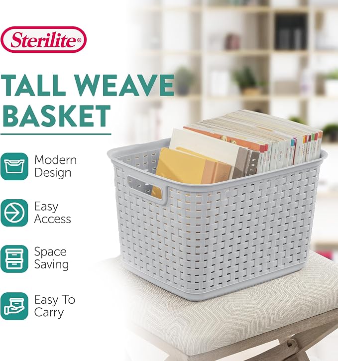 Sterilite Tall Weave Basket, Rectangular Plastic Décor Bin, 6 Pack | - Image 3