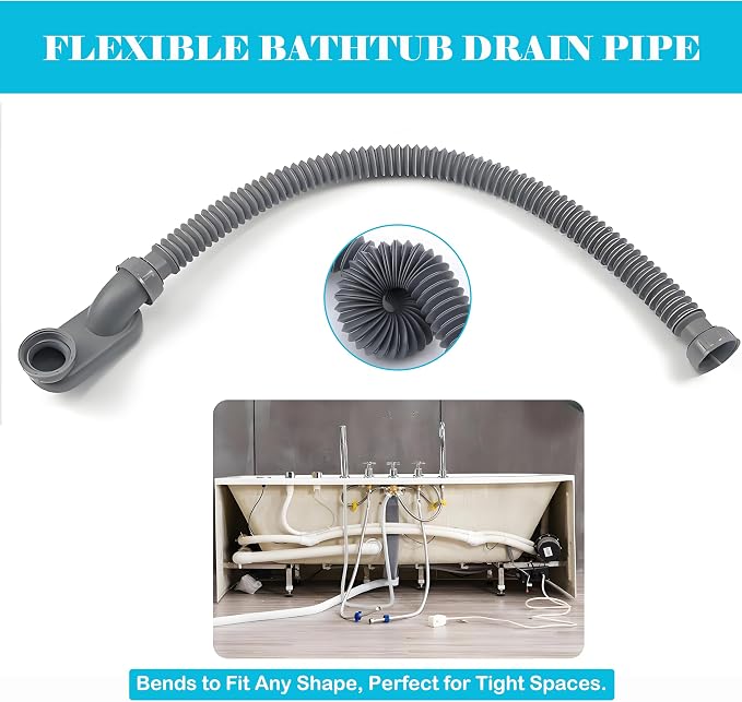 1 1/2 Inch Tub Drain Kit with Low Profile P Trap, Flexible Drain Pipe - Image 4