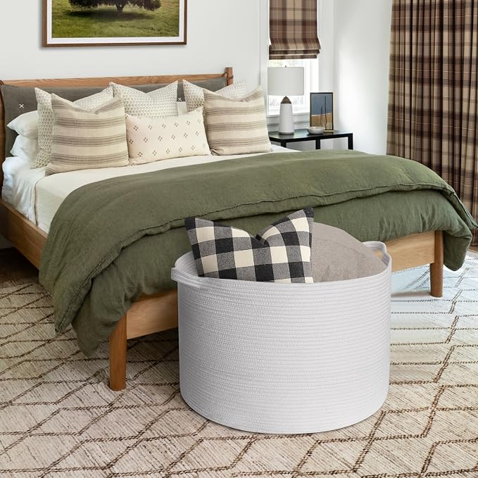 115L White Cotton Rope Storage Basket, 23.6"x15.7" Extra Large Blanket Storage - Image 5