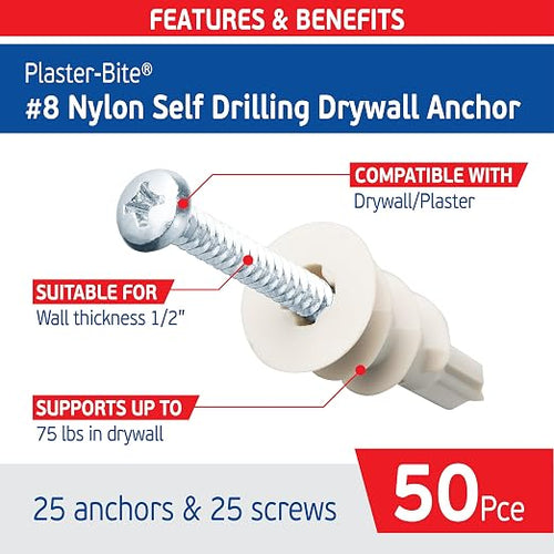 #8 Nylon Self-Drilling Drywall Anchors w/Screws – Premium Nylon 66 Hollow Wall - Image 2