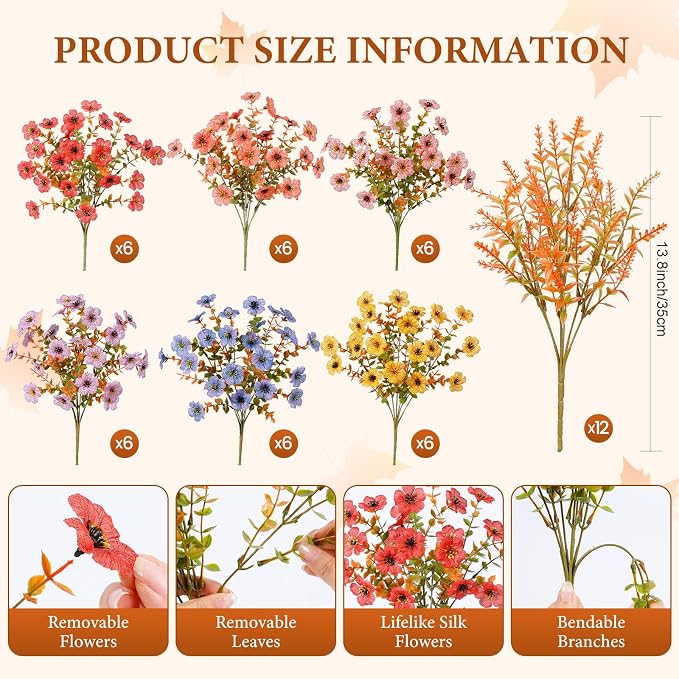 SHareconn 48Pcs Artificial Fall Flowers UV Resistant Fake Mums - Image 2