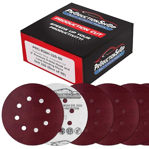 ProductionShop Premium 5" Red 8-Hole Pattern 320 Grit Sanding Discs, Box of 50 by ProductionShop