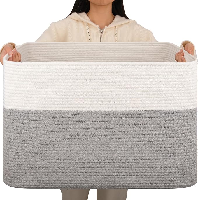 OIAHOMY 108L Extra Large Blanket Basket Dog Toy Basket Grey/White | Rectangle by MasterofSpaceOptimization