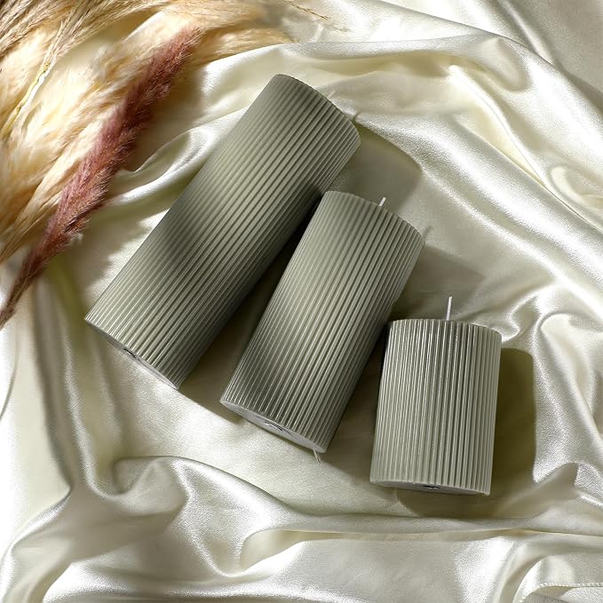 Conelist Ribbed Pillar Candles Set of 3, Width 3" High 4" 6" 8", Bean Green - Image 3