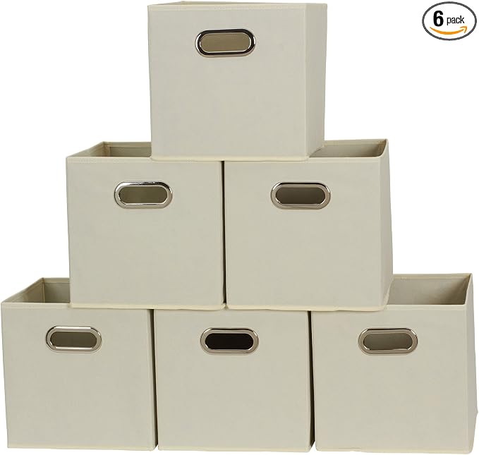Fabric Storage Bins 6 Piece Set, Strong Poly-Woven Fabric, Sturdy Chipboard by HouseholdEssentials