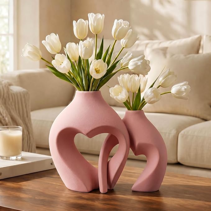 Ceramic Flower Vases Table Decor Heart Shaped Vase Set of 2 Pink | Nordic Heart - Image 5