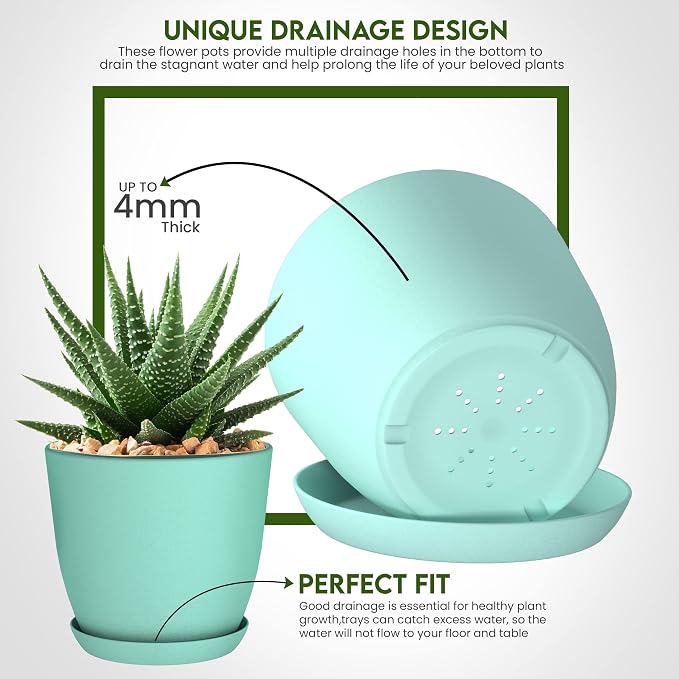 Plant Pots Indoor with Drainage, 5 Pack Multi-Size Planters Set, Aqua | - Image 3