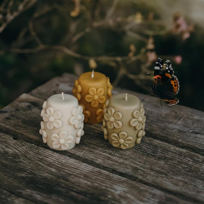 Lyrow 3 Pcs Daisy Pillar Candles 3D Embossed Floral Candle Set 3'' H Easter - Image 6