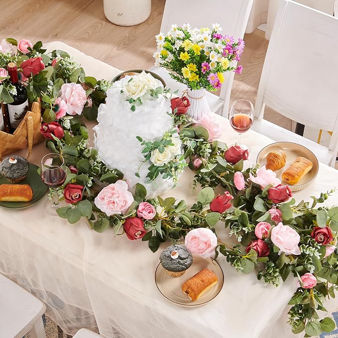 Artificial Flower Garland 5.4ft Floral Rose Vine Decor, Hanging Faux Roses by PONKING