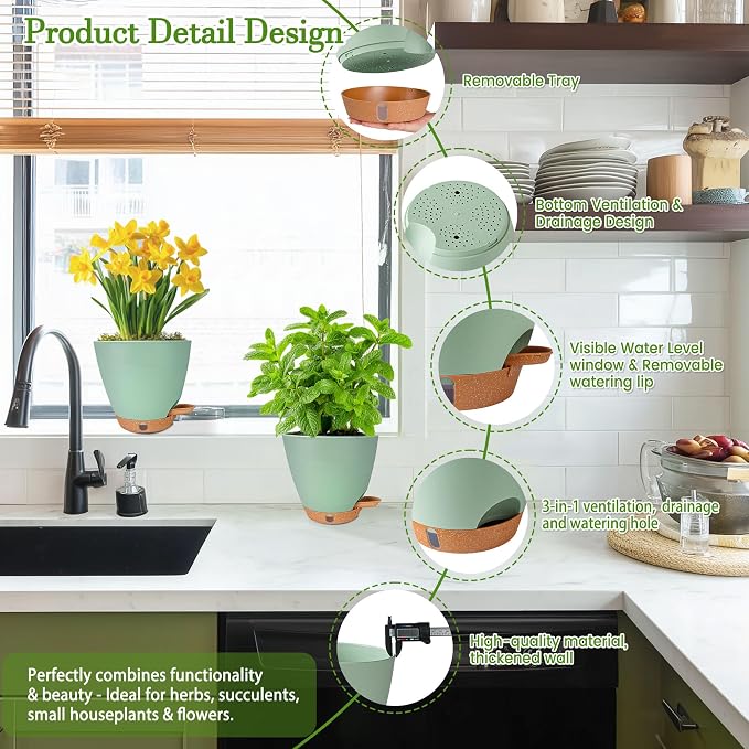 6 Inch Small Plant Pots for Indoor Outdoor Plants, Self Watering | Plastic - Image 6
