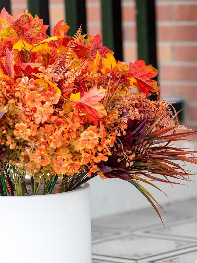 24PCS Artificial Fall Flowers Outdoors, Faux Maples & Mums - Image 7