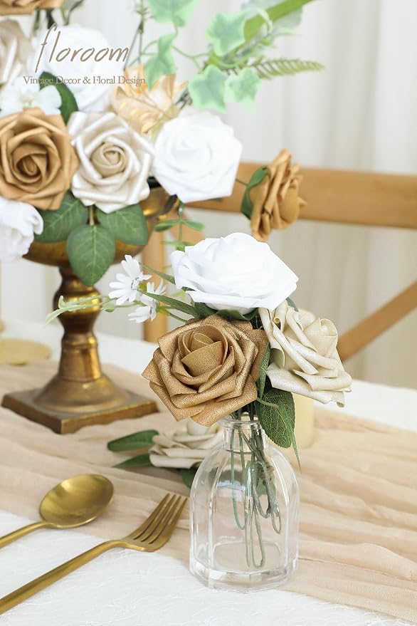 Artificial Flowers 25pcs Real Looking Gold & Champagne Gold Foam Fake Roses - Image 4