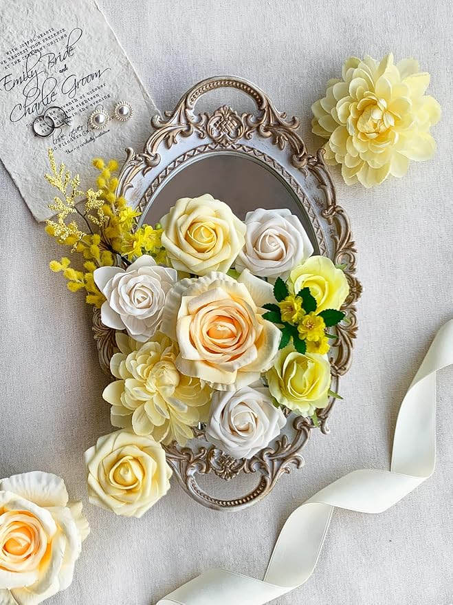 FACINOC Roses Artificial Flowers Yellow Bouquet Fake Flower Bulk Box Set | DIY - Image 4