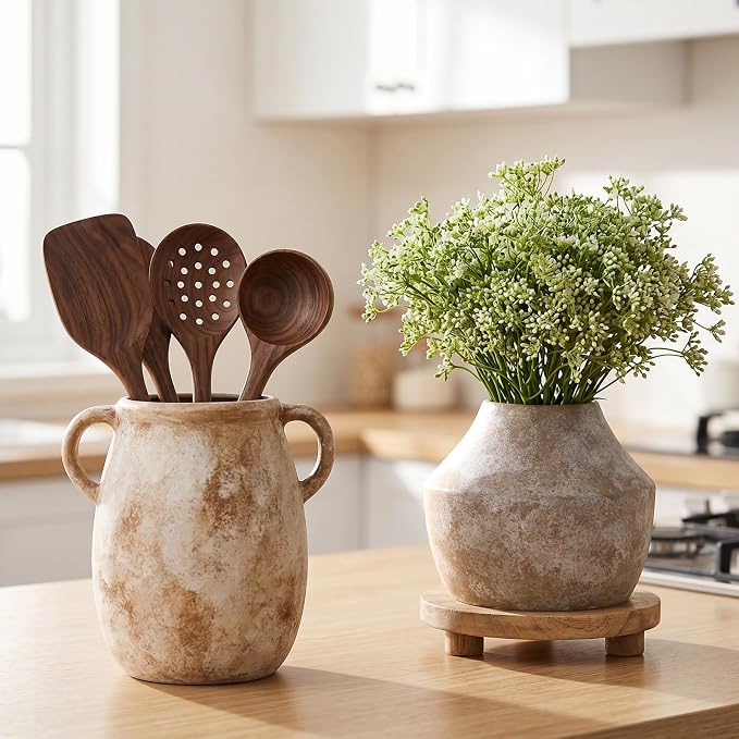 Ceramic Flower Vase with Handles, 7.9in Farmhouse Table Rustic Vases, - Image 5