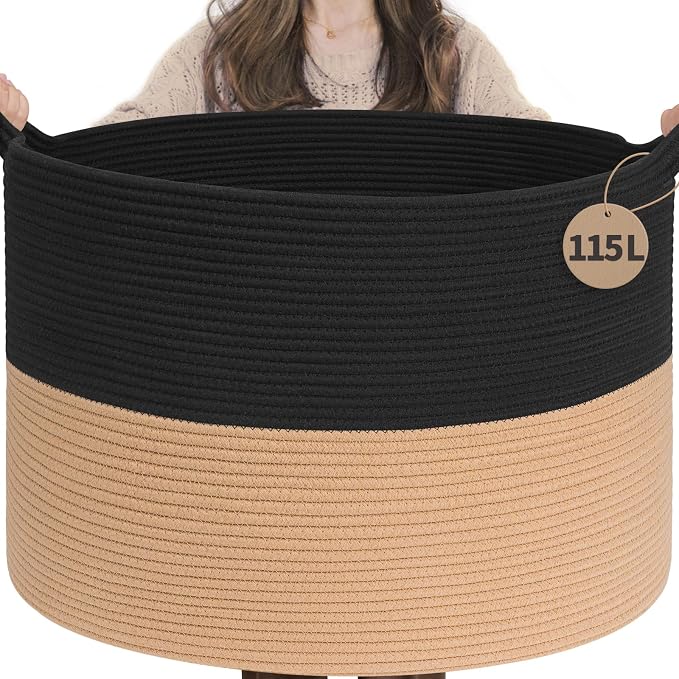 INDRESSME 115L Extra Large Woven Rope Blanket Basket Living Room BlackCamel | by INDRESSME