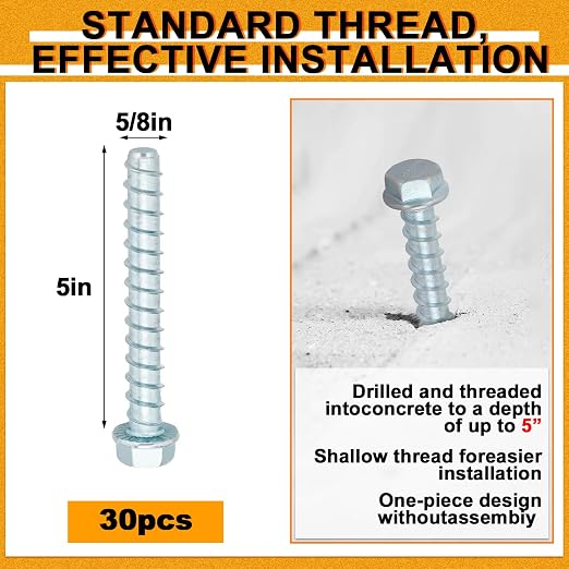 Hicarer 30 Pack 5/8 x 5 Inch Concrete Screws Galvanized - Image 2
