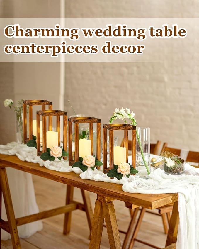 Huquary 16 Pcs Wooden Wedding Lantern Centerpiece Includes 8 Rustic Wooden - Image 5