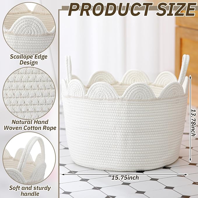 LemonRoad Round Woven Basket White, Cotton Rope Scalloped Edge Tassels - Image 2