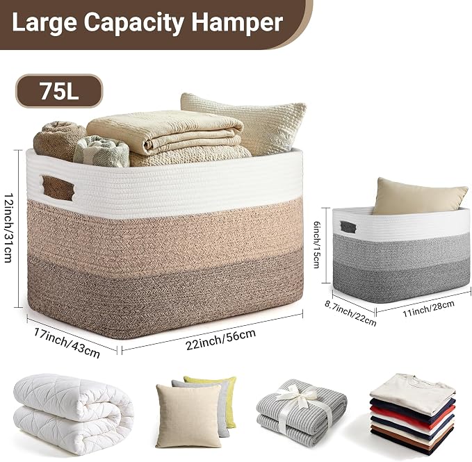 75L Laundry Basket Hamper, Gradient Brown/White, Rectangle Woven Storage Basket - Image 2
