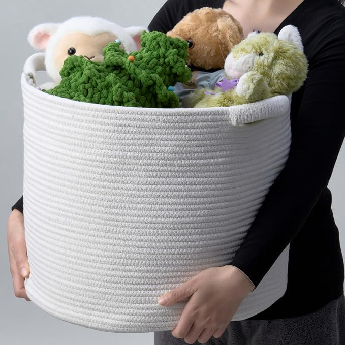 Blanket Basket for Living Room, Woven Rope Storage Basket | 16"D x 14"H | White - Image 6