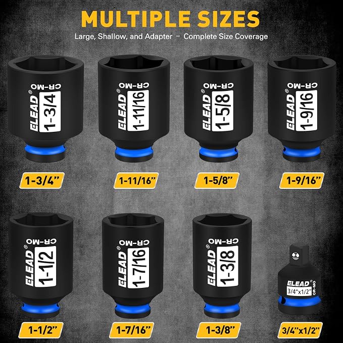 1/2'' Drive Deep Impact Socket Set, 8-Piece SAE Wheel Axle Nut Wrench Large - Image 2