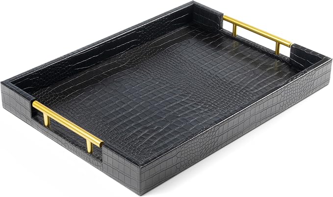ATZYmolin 17"x12" Leather Serving Tray, Polished Metal Handles, Coffee Table by ATZYmolin