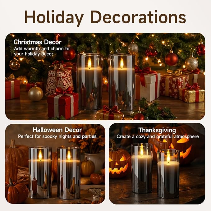 Homemory Grey Glass Flameless Candles, Real Wax, Remote Timer, 2 Pack | D3"xH6" - Image 5