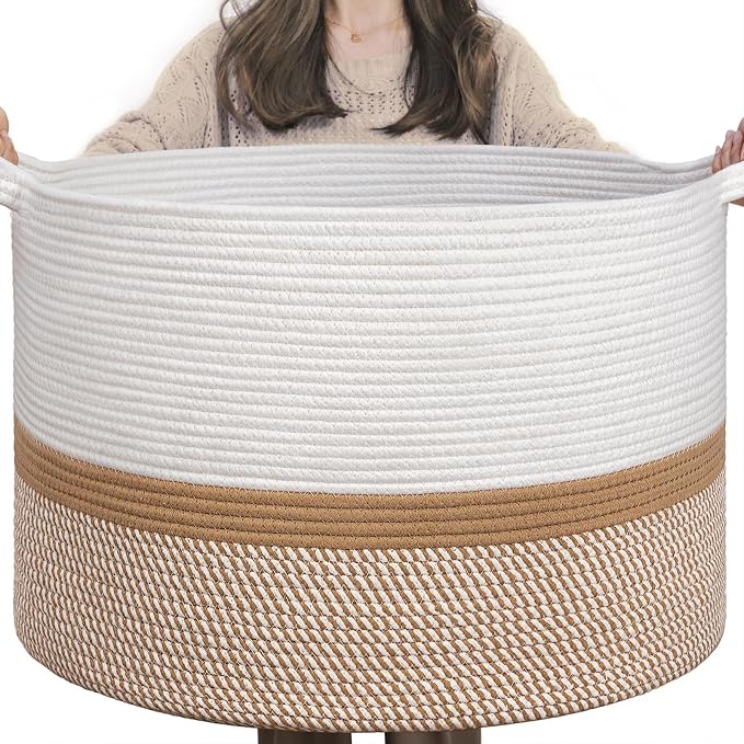 INDRESSME XXXLarge Woven Rope Blanket Basket Living Room White Camel, 90L | by INDRESSME